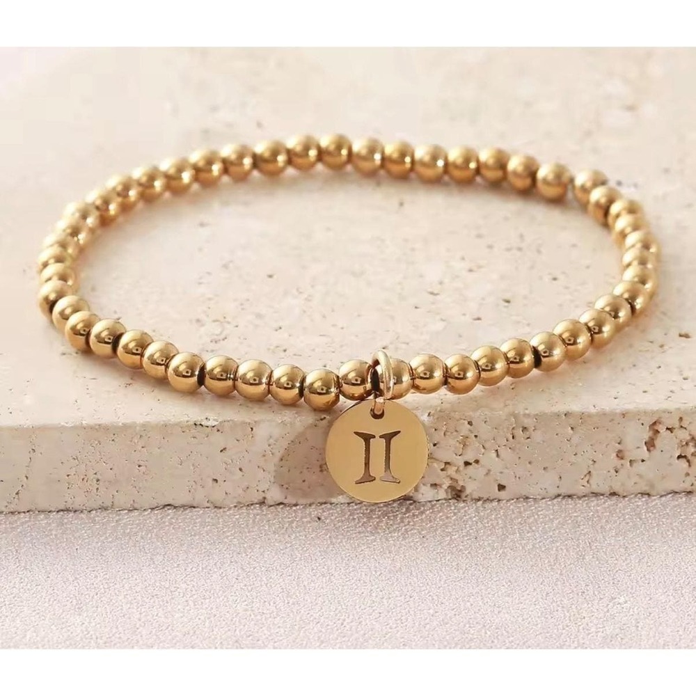 Gemini Zodiac Charm Gold Beaded Stretch Bracelet Celestial Astrology Jewelry NEW